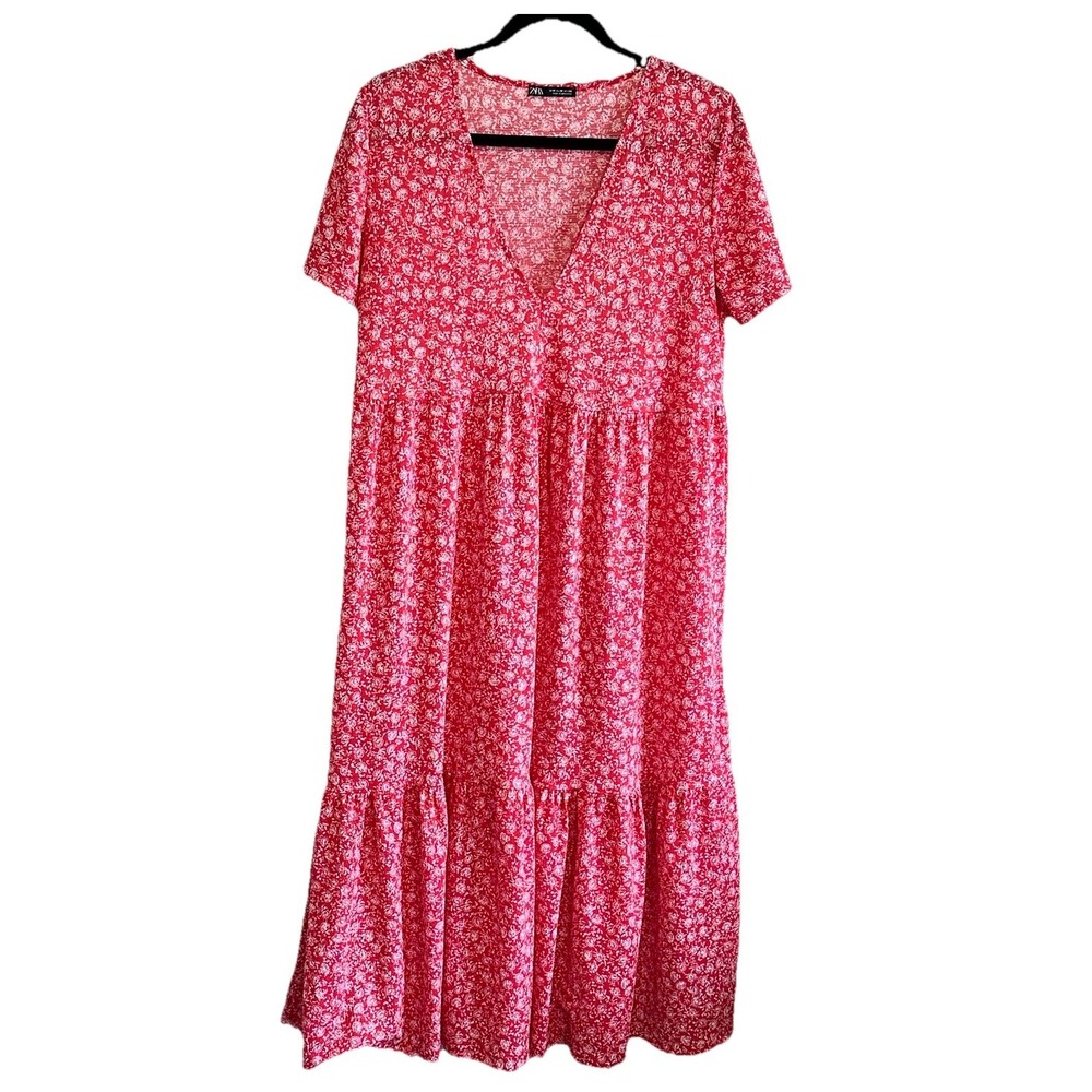 Zara Red Floral Tiered Prairie Midi Dress V-Neck‎ Short Sleeve Women's Medium